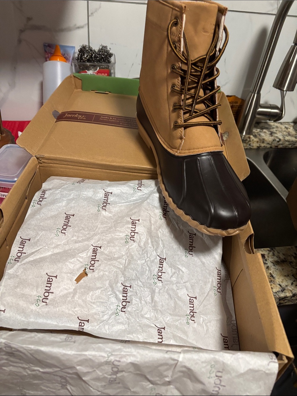 Jambu Men's Tan Upper Dark Brown Rubber Duck Bootst#010